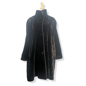 Glossy chocolate brown faux fur coat